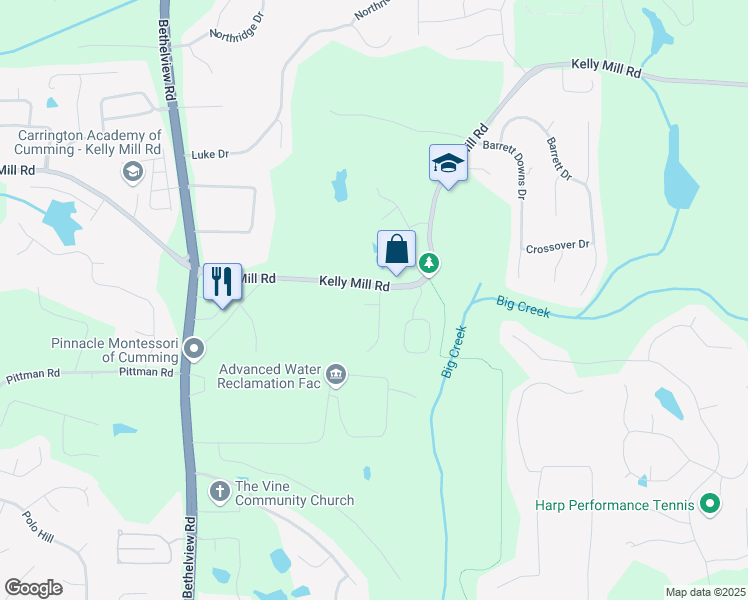 map of restaurants, bars, coffee shops, grocery stores, and more near 2090 Red Barn Court in Cumming