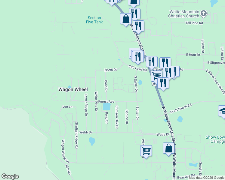 map of restaurants, bars, coffee shops, grocery stores, and more near 6575 Pond Drive in Navajo County
