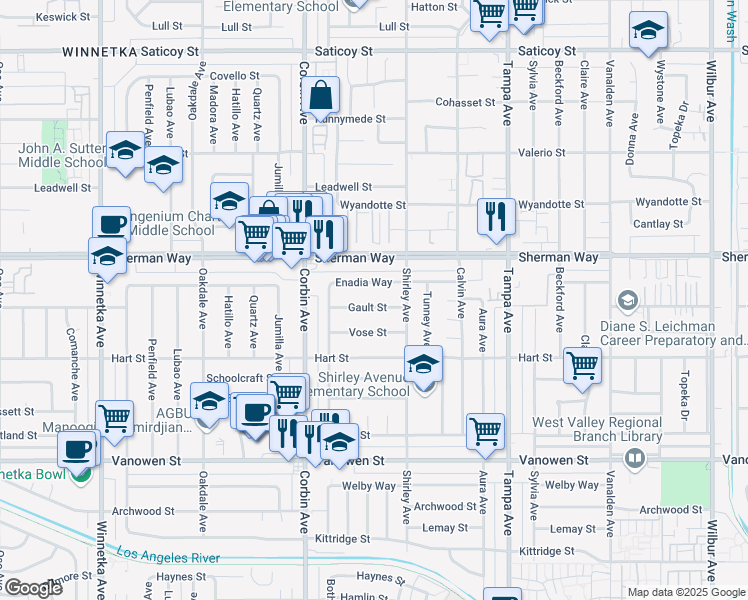 map of restaurants, bars, coffee shops, grocery stores, and more near 19539 Gault Street in Los Angeles