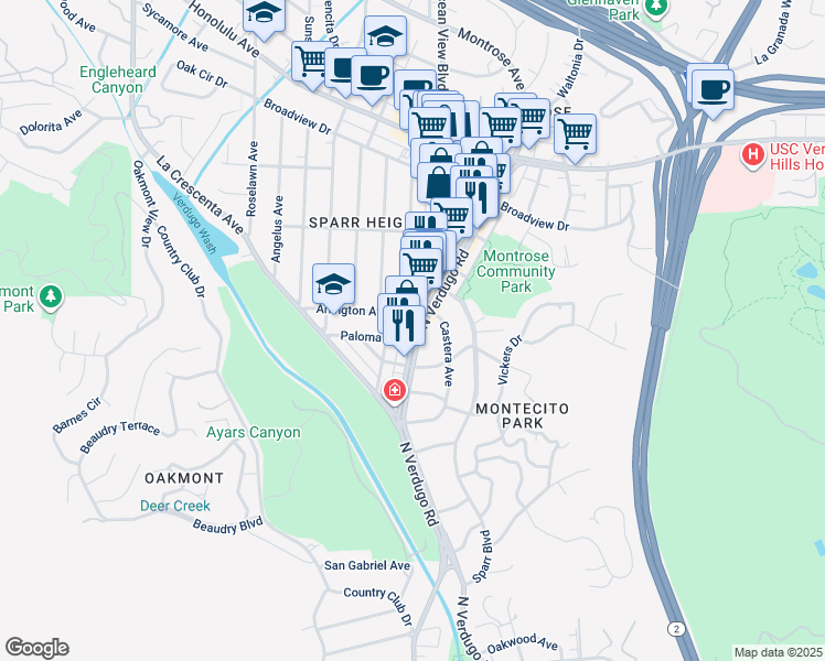 map of restaurants, bars, coffee shops, grocery stores, and more near 3335 Castera Avenue in Glendale