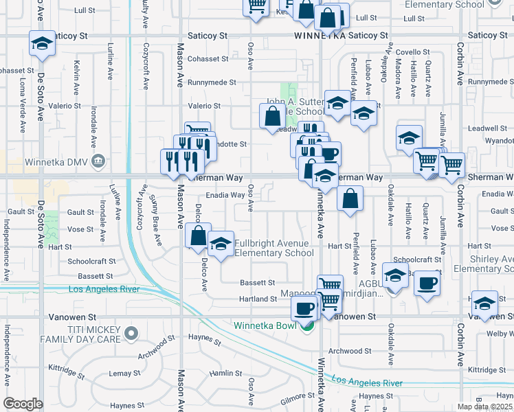 map of restaurants, bars, coffee shops, grocery stores, and more near 20249 Gault Street in Los Angeles