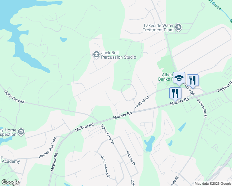 map of restaurants, bars, coffee shops, grocery stores, and more near 5740 Garden Walk in Flowery Branch
