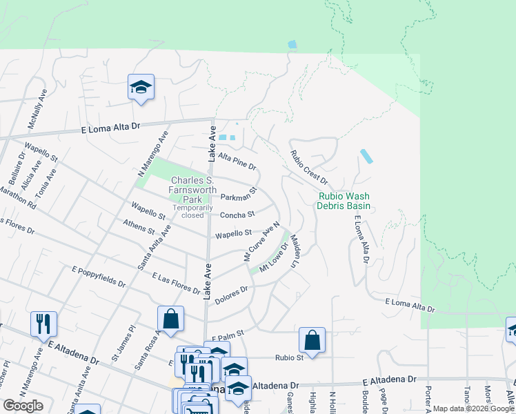 map of restaurants, bars, coffee shops, grocery stores, and more near 1049 Concha Street in Altadena