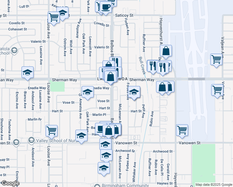 map of restaurants, bars, coffee shops, grocery stores, and more near 7100 Balboa Boulevard in Los Angeles
