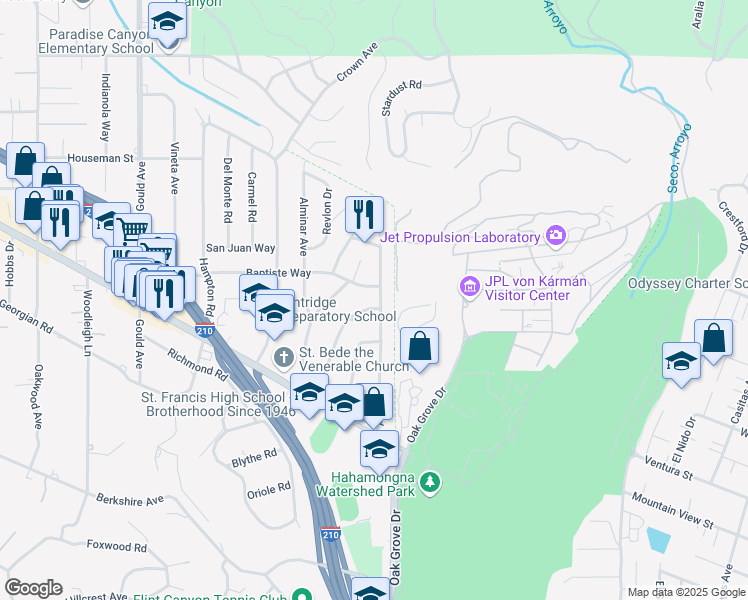 map of restaurants, bars, coffee shops, grocery stores, and more near 4709 Viro Road in La Cañada Flintridge