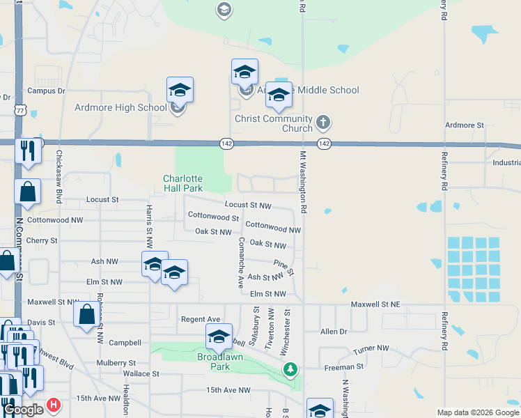 map of restaurants, bars, coffee shops, grocery stores, and more near 433 Locust Street Northwest in Ardmore