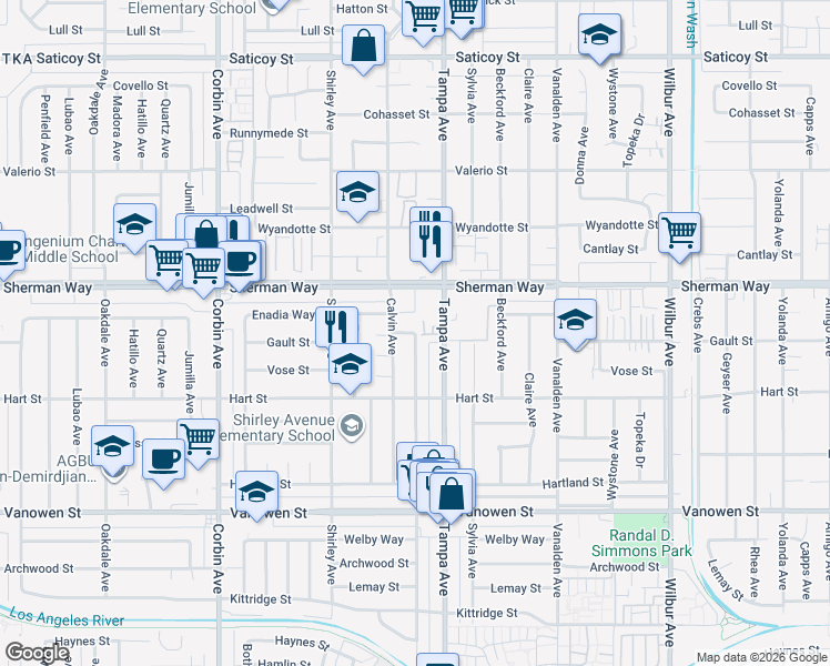 map of restaurants, bars, coffee shops, grocery stores, and more near Aura Avenue in Los Angeles