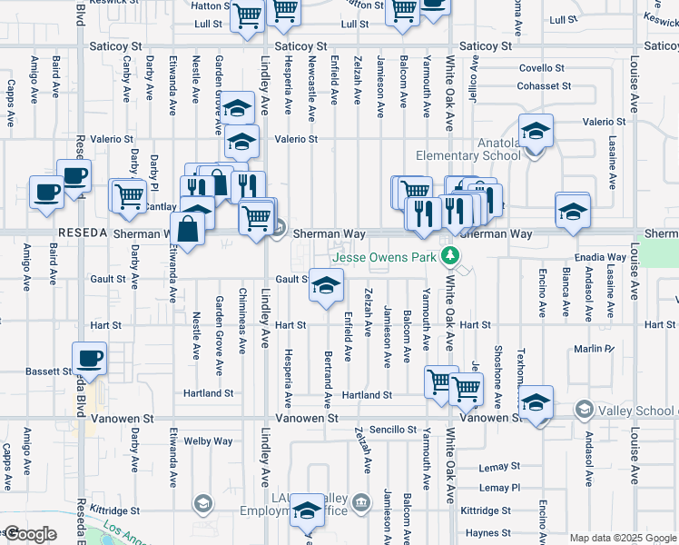 map of restaurants, bars, coffee shops, grocery stores, and more near 17925 Gault Street in Los Angeles