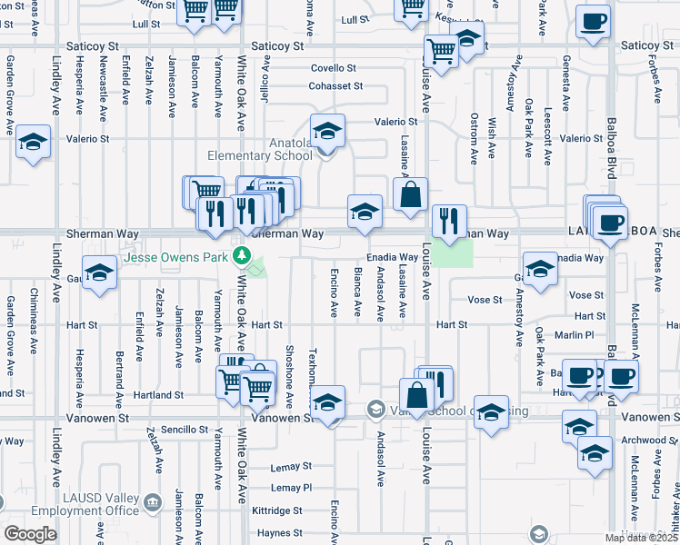map of restaurants, bars, coffee shops, grocery stores, and more near 7106 Encino Avenue in Los Angeles