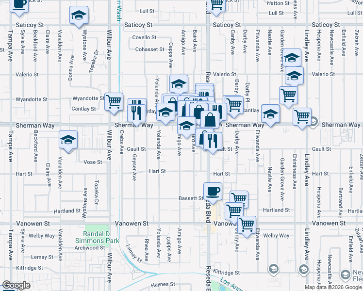 map of restaurants, bars, coffee shops, grocery stores, and more near 7108 Amigo Avenue in Los Angeles
