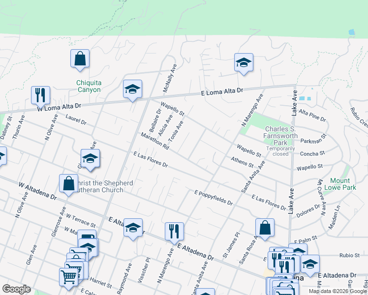 map of restaurants, bars, coffee shops, grocery stores, and more near 3270 Laurice Avenue in Altadena