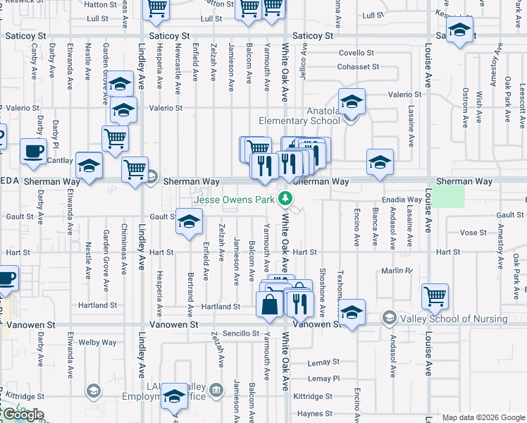 map of restaurants, bars, coffee shops, grocery stores, and more near 7126 Yarmouth Avenue in Los Angeles