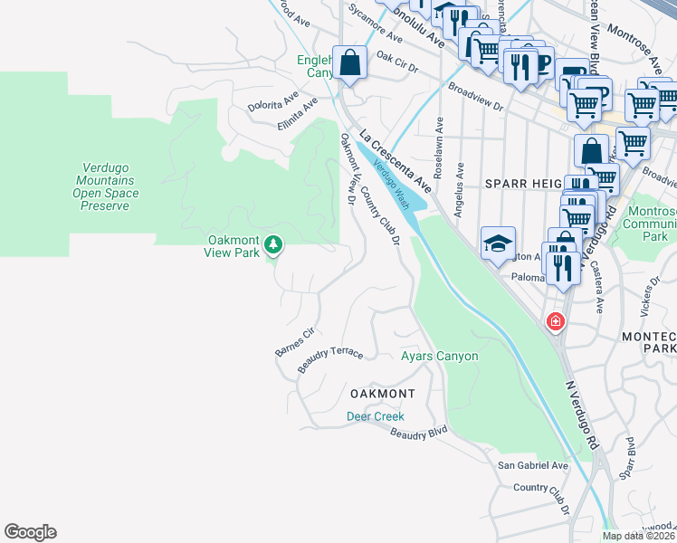 map of restaurants, bars, coffee shops, grocery stores, and more near 3331 Oakmont View Drive in Glendale