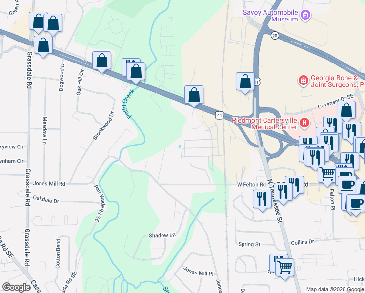 map of restaurants, bars, coffee shops, grocery stores, and more near 242 Grand Central Way in Cartersville