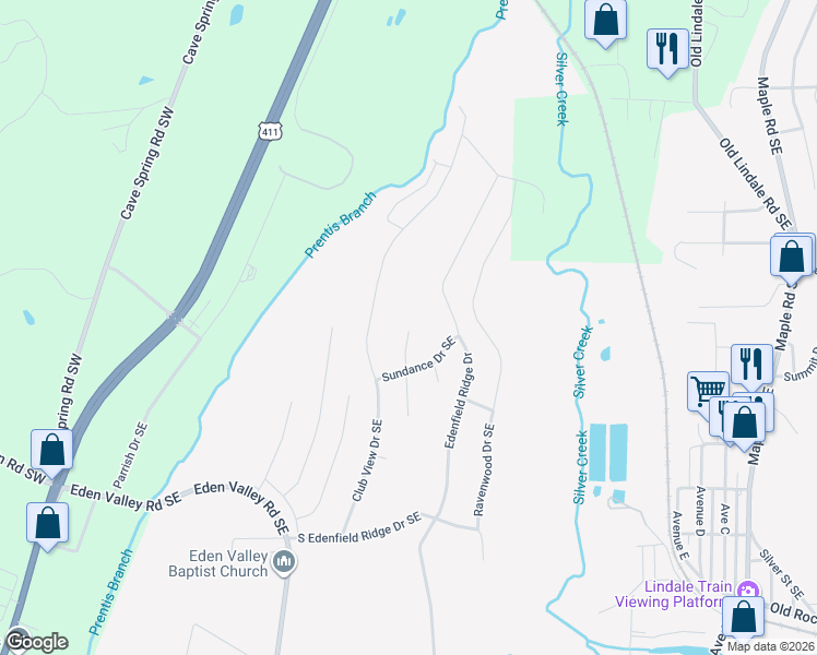 map of restaurants, bars, coffee shops, grocery stores, and more near 2 Fullbright Drive Southeast in Rome