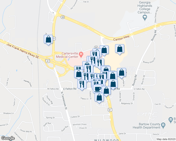 map of restaurants, bars, coffee shops, grocery stores, and more near 962 Joe Frank Harris Parkway Southeast in Cartersville