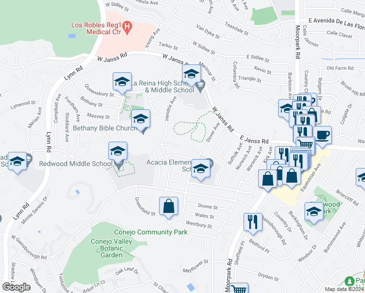 map of restaurants, bars, coffee shops, grocery stores, and more near 1744 Feather Avenue in Thousand Oaks