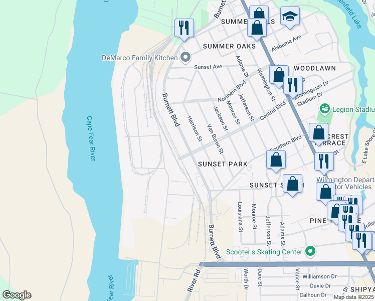 map of restaurants, bars, coffee shops, grocery stores, and more near 17 Central Boulevard in Wilmington