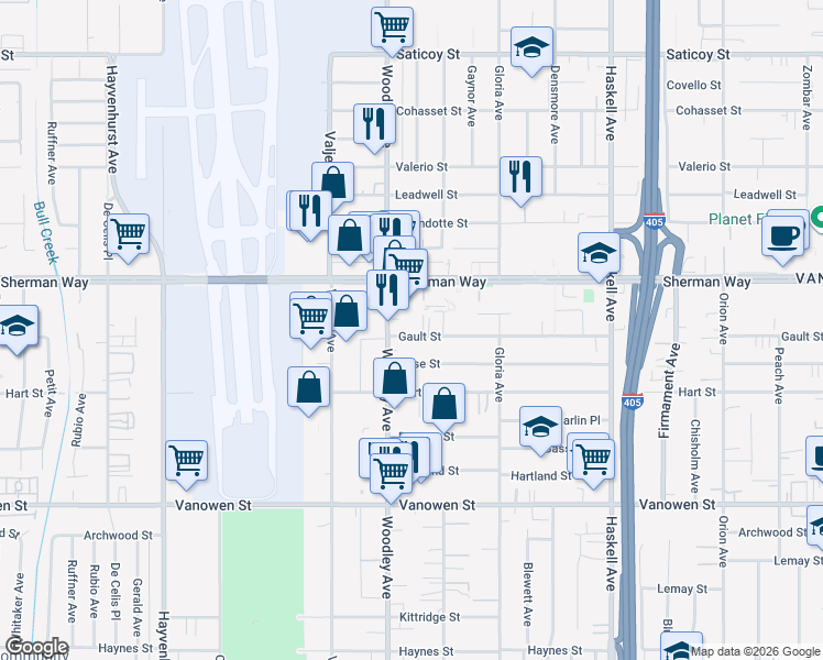 map of restaurants, bars, coffee shops, grocery stores, and more near 7117 Woodley Avenue in Los Angeles