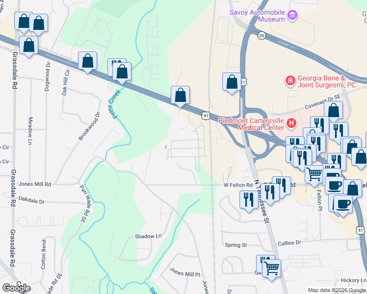 map of restaurants, bars, coffee shops, grocery stores, and more near 242 Grand Central Way in Cartersville