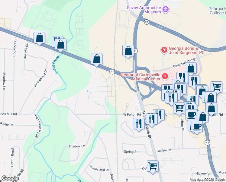 map of restaurants, bars, coffee shops, grocery stores, and more near Beaver Trail in Cartersville