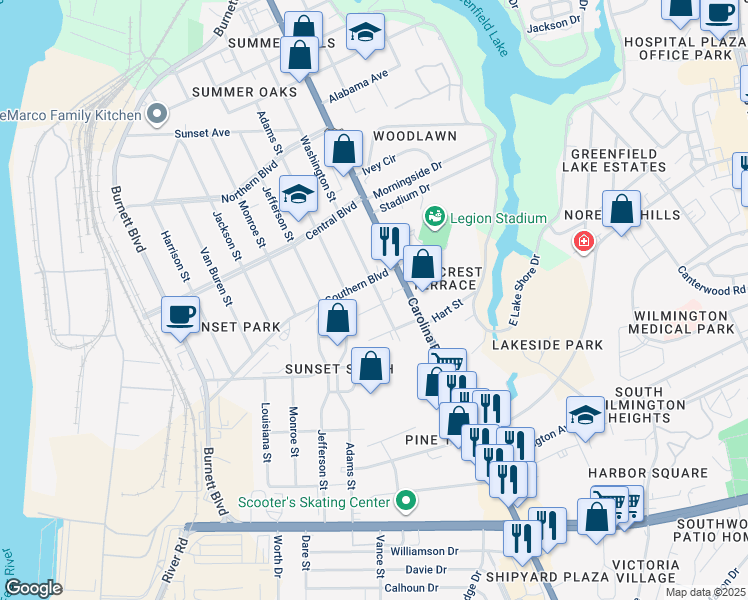 map of restaurants, bars, coffee shops, grocery stores, and more near 2218 Washington Street in Wilmington