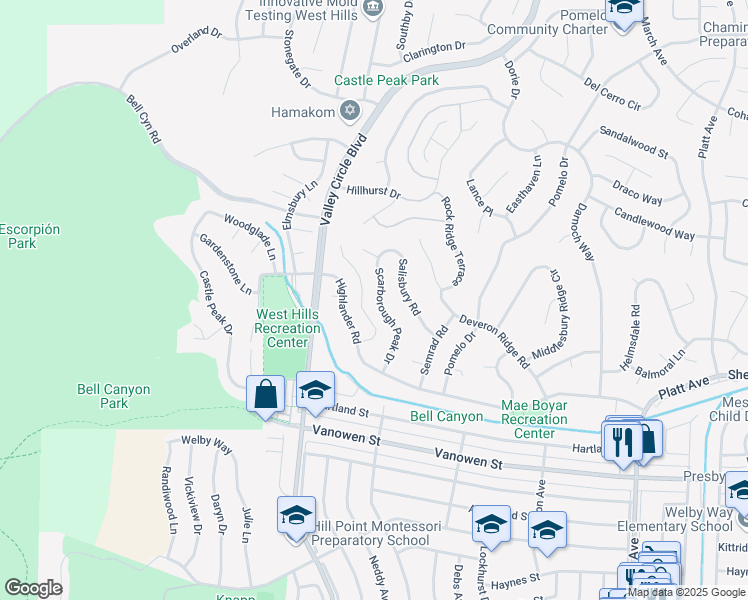 map of restaurants, bars, coffee shops, grocery stores, and more near 7113 Scarborough Peak Drive in Los Angeles