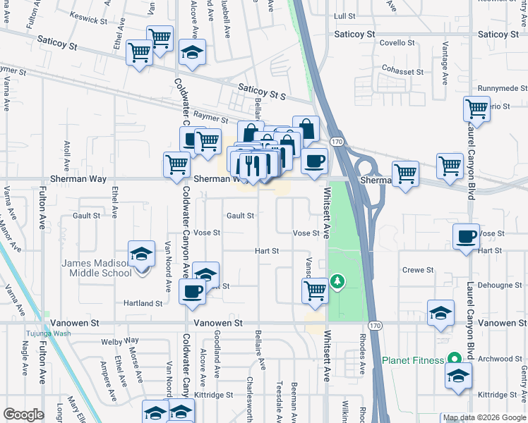 map of restaurants, bars, coffee shops, grocery stores, and more near 7125 Teesdale Avenue in Los Angeles