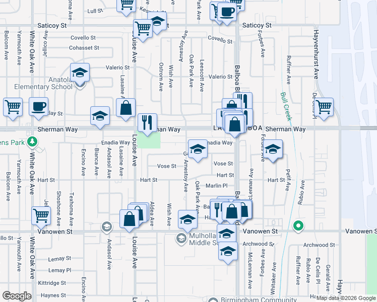 map of restaurants, bars, coffee shops, grocery stores, and more near 17055 Gault Street in Los Angeles