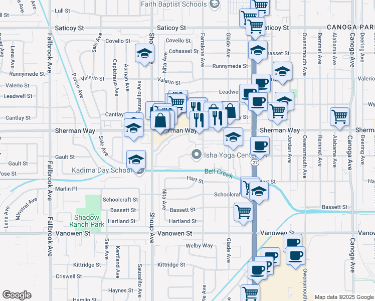 map of restaurants, bars, coffee shops, grocery stores, and more near 7101 Farralone Avenue in Los Angeles
