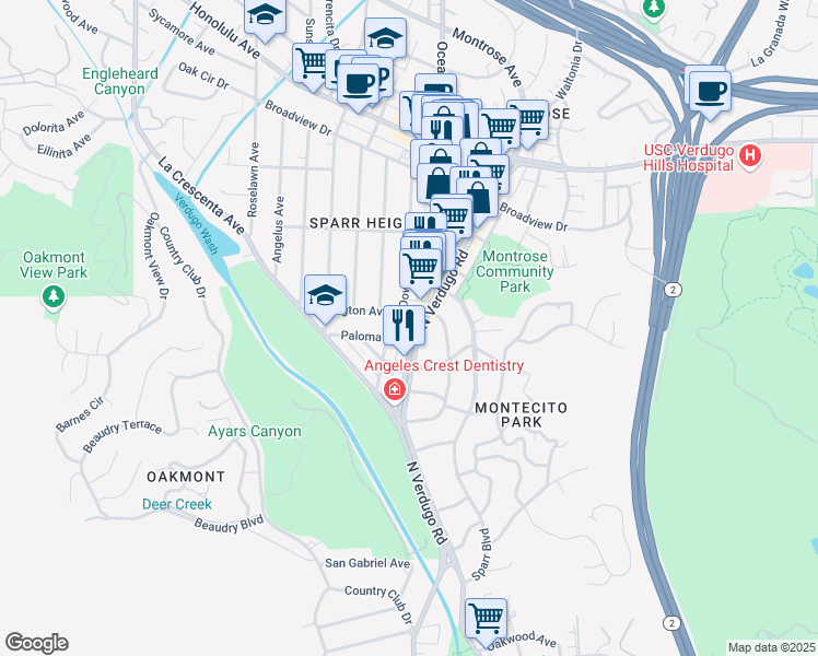 map of restaurants, bars, coffee shops, grocery stores, and more near 3331 North Verdugo Road in Glendale