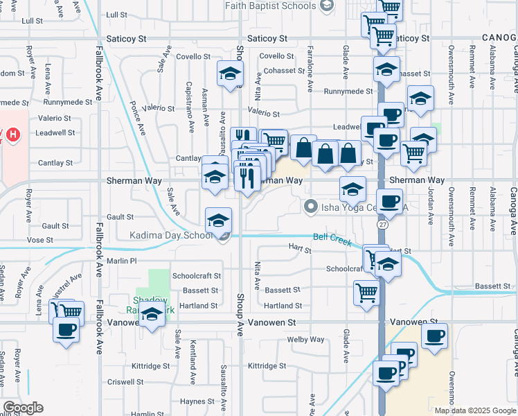 map of restaurants, bars, coffee shops, grocery stores, and more near 7120 Carlson Circle in Los Angeles
