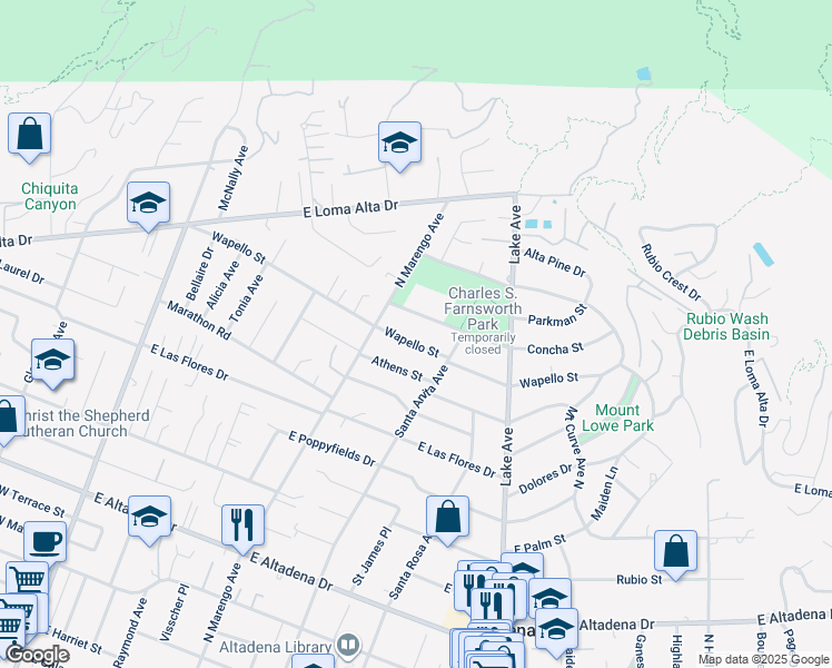 map of restaurants, bars, coffee shops, grocery stores, and more near 618 Concha Street in Altadena