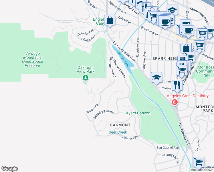 map of restaurants, bars, coffee shops, grocery stores, and more near 3331 Oakmont View Drive in Glendale