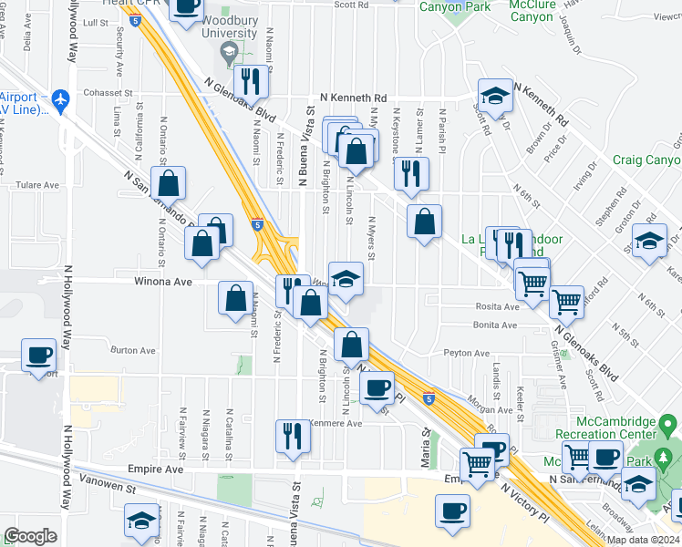 map of restaurants, bars, coffee shops, grocery stores, and more near 2420 North Brighton Street in Burbank