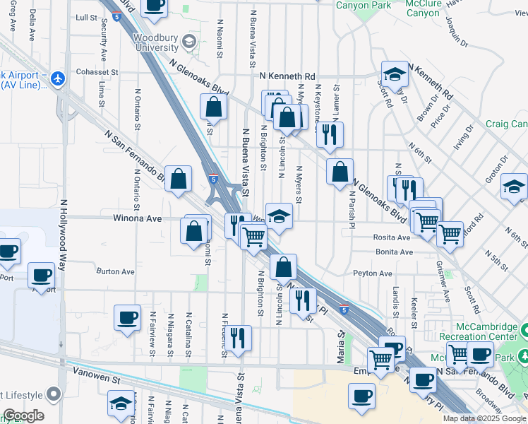 map of restaurants, bars, coffee shops, grocery stores, and more near 2420 North Brighton Street in Burbank