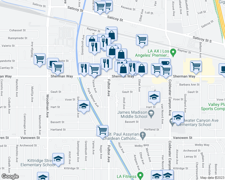 map of restaurants, bars, coffee shops, grocery stores, and more near 7130 Fulton Avenue in Los Angeles