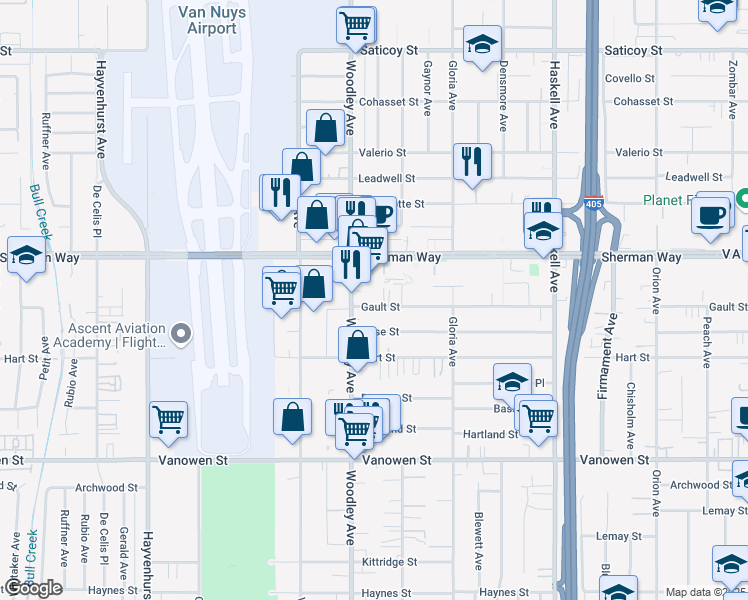 map of restaurants, bars, coffee shops, grocery stores, and more near 16015 Gault Street in Los Angeles