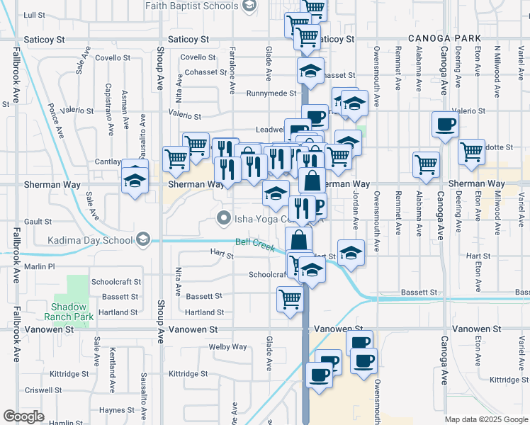 map of restaurants, bars, coffee shops, grocery stores, and more near 7130 Glade Avenue in Los Angeles