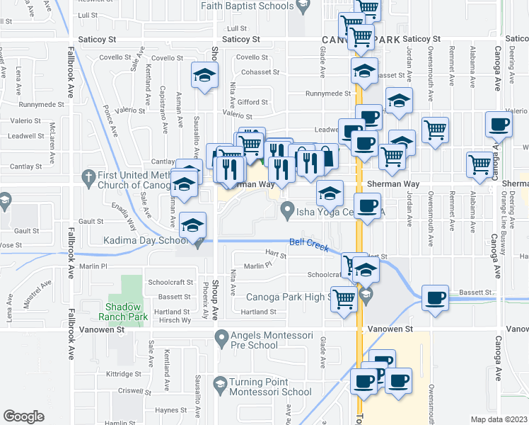 map of restaurants, bars, coffee shops, grocery stores, and more near 7109 Farralone Avenue in Los Angeles