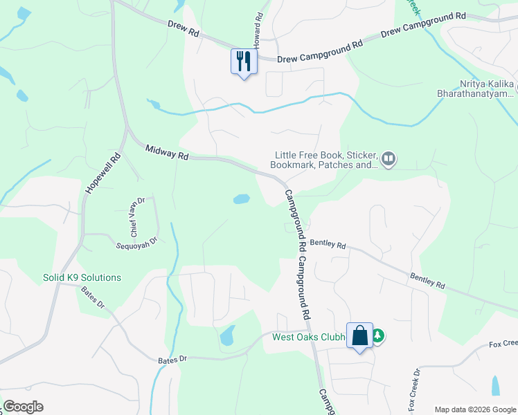 map of restaurants, bars, coffee shops, grocery stores, and more near 7681 Campground Road in Cumming