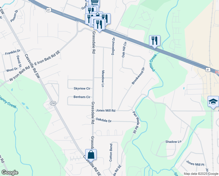 map of restaurants, bars, coffee shops, grocery stores, and more near 118 Dogwood Drive in Cartersville
