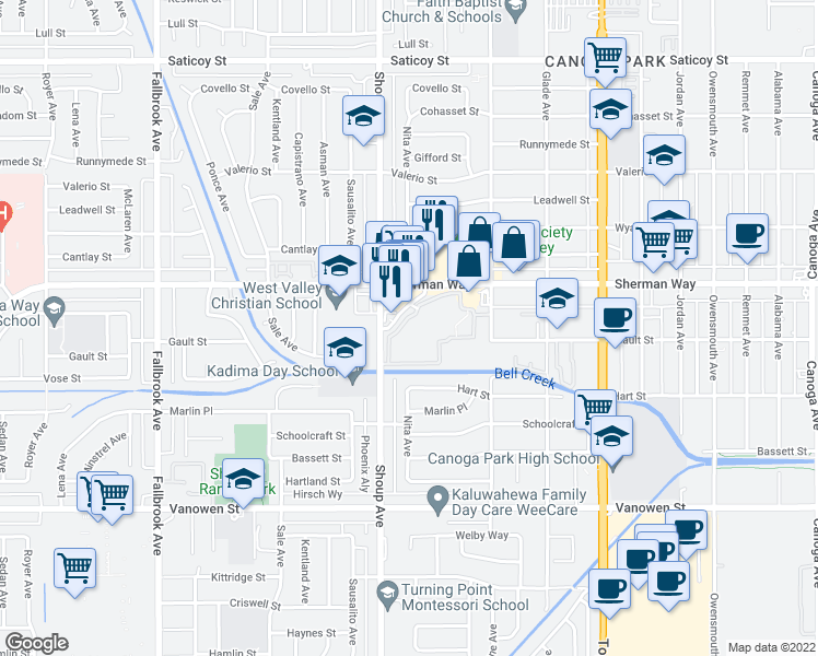 map of restaurants, bars, coffee shops, grocery stores, and more near 7120 Carlson Circle in Los Angeles