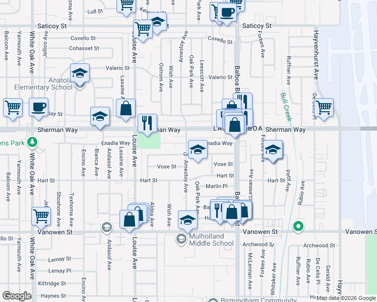 map of restaurants, bars, coffee shops, grocery stores, and more near 17055 Gault Street in Los Angeles