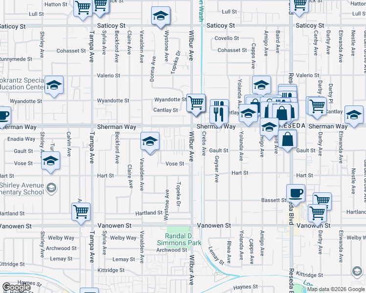 map of restaurants, bars, coffee shops, grocery stores, and more near 7135 Wilbur Avenue in Los Angeles
