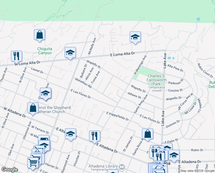 map of restaurants, bars, coffee shops, grocery stores, and more near 3288 North Raymond Avenue in Altadena