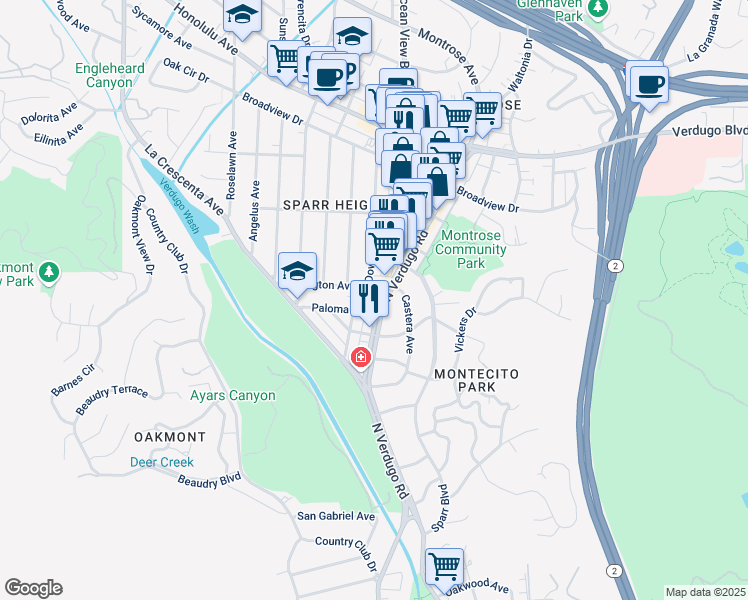 map of restaurants, bars, coffee shops, grocery stores, and more near 1700 Arlington Avenue in Glendale