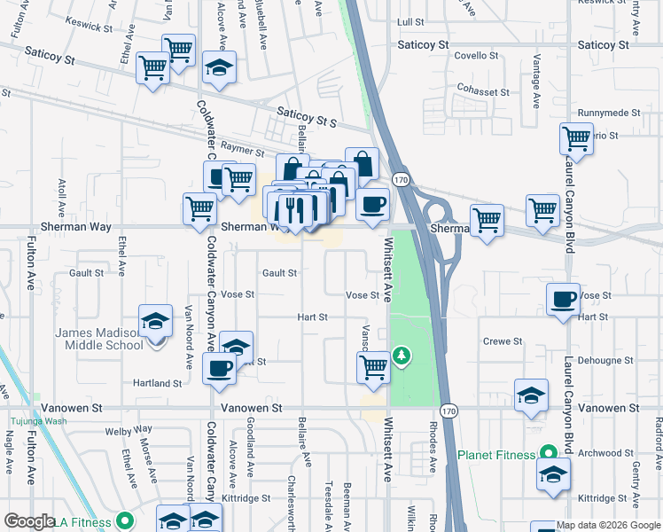 map of restaurants, bars, coffee shops, grocery stores, and more near 7106 Teesdale Avenue in Los Angeles