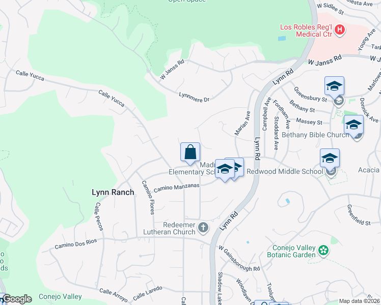 map of restaurants, bars, coffee shops, grocery stores, and more near 1342 Camino Magenta in Thousand Oaks