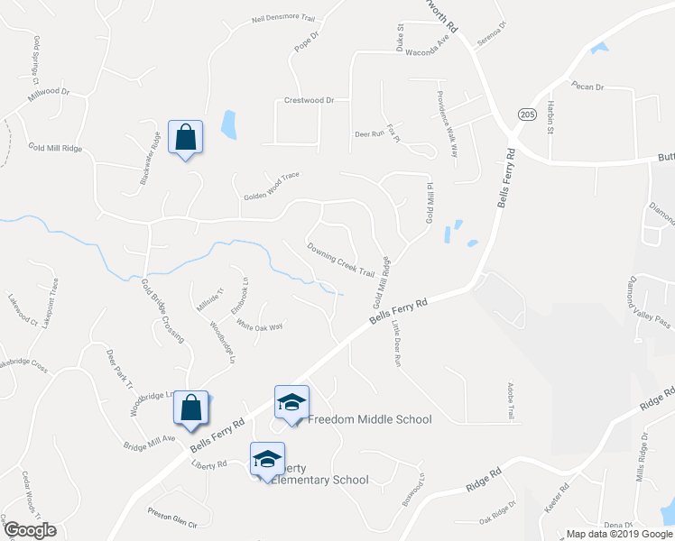map of restaurants, bars, coffee shops, grocery stores, and more near 323 Downing Creek Trail in Canton